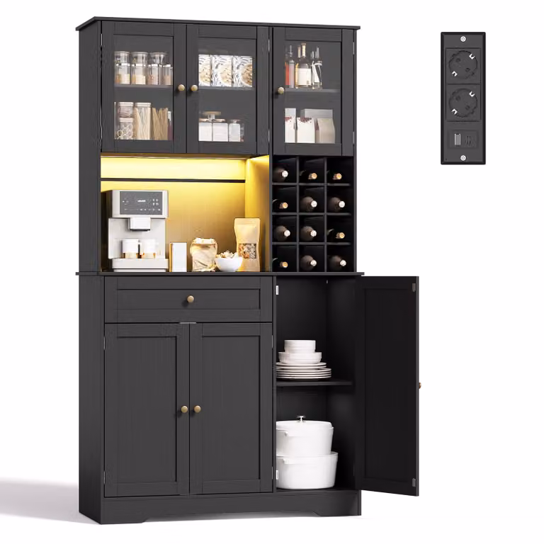 Armadio alto per cucina BEALIFE, dimensioni 100x40x180 cm, con illuminazione a LED, presa di corrente e portabottiglie | Nero | AP134