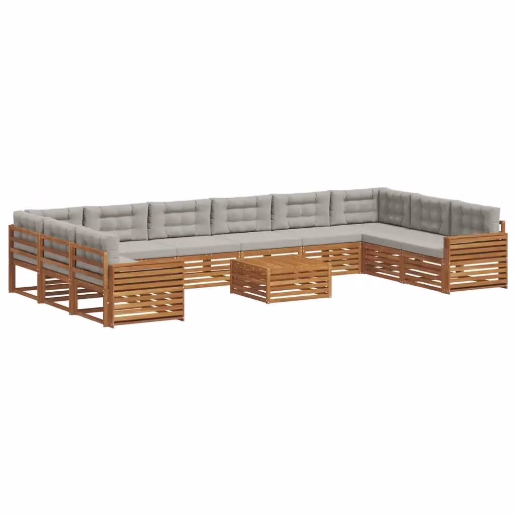 Set di divani da giardino a forma di L con tavolo da caffè vidaXL, colore grigio, in legno di acacia trattato con cuscini inclusi – 2