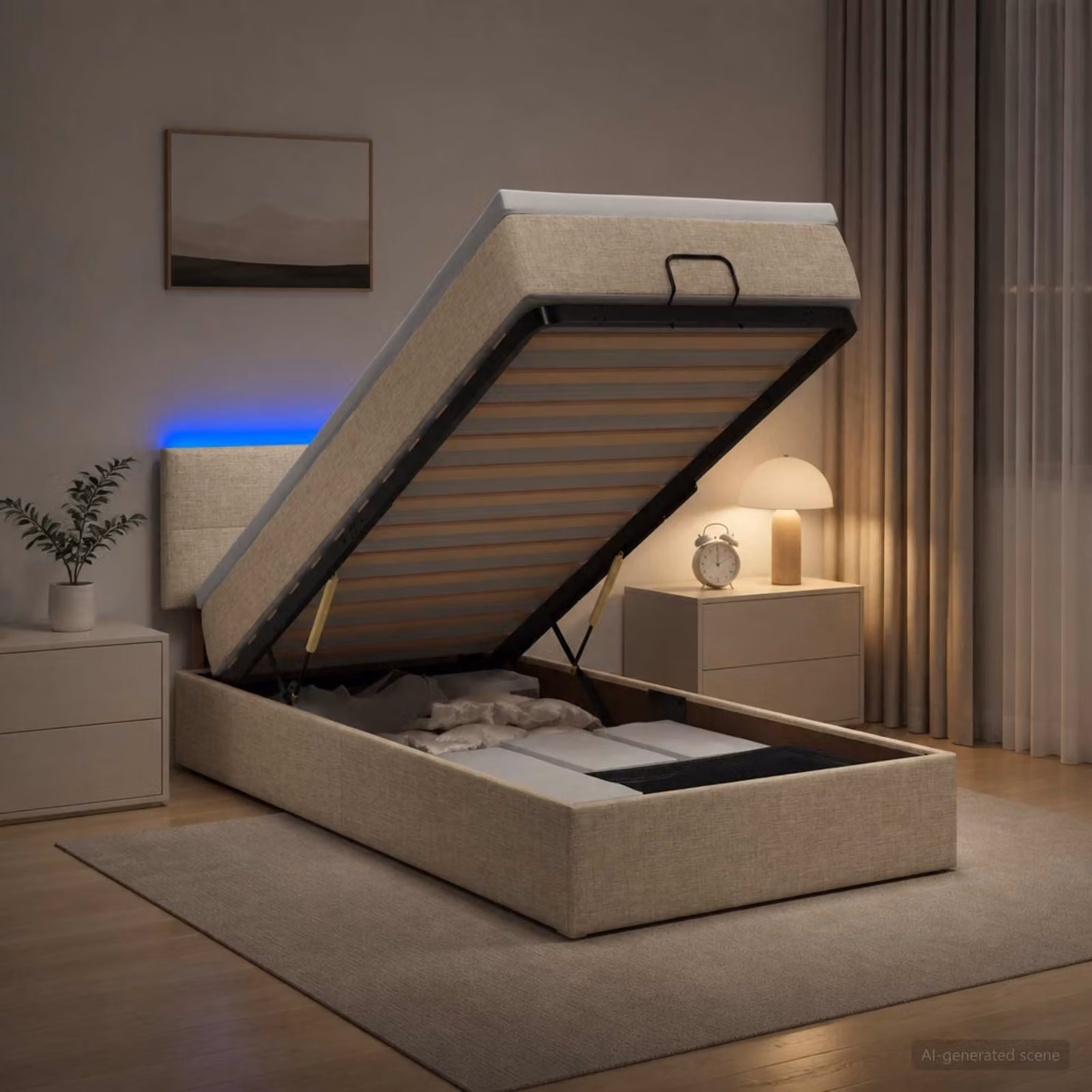 Letto Ottomano con Materasso vidaXL in Tessuto Beige con Illuminazione LED e Porta USB, L/P: 90 x 190 cm