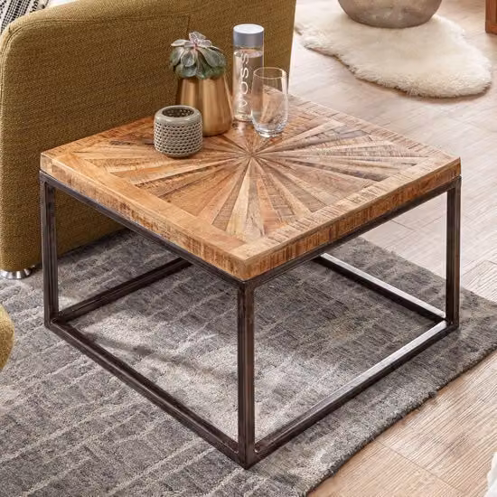 WOHNLING Tavolino in legno massiccio di mango 55x40x55 cm Tavolo con struttura in metallo | Tavolino quadrato dal design industriale Solido tavolino moderno