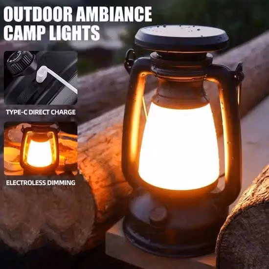 Lampada da esterno decorativa a energia solare e ricaricabile, lampada da tavolo a LED, lampada da campeggio, lampada da tavolo, lampada da esterno, complemento d'arredo - nero