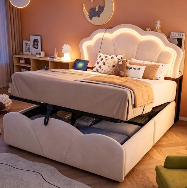 Letto contenitore 140x200 cm in velluto beige con LED, senza materasso