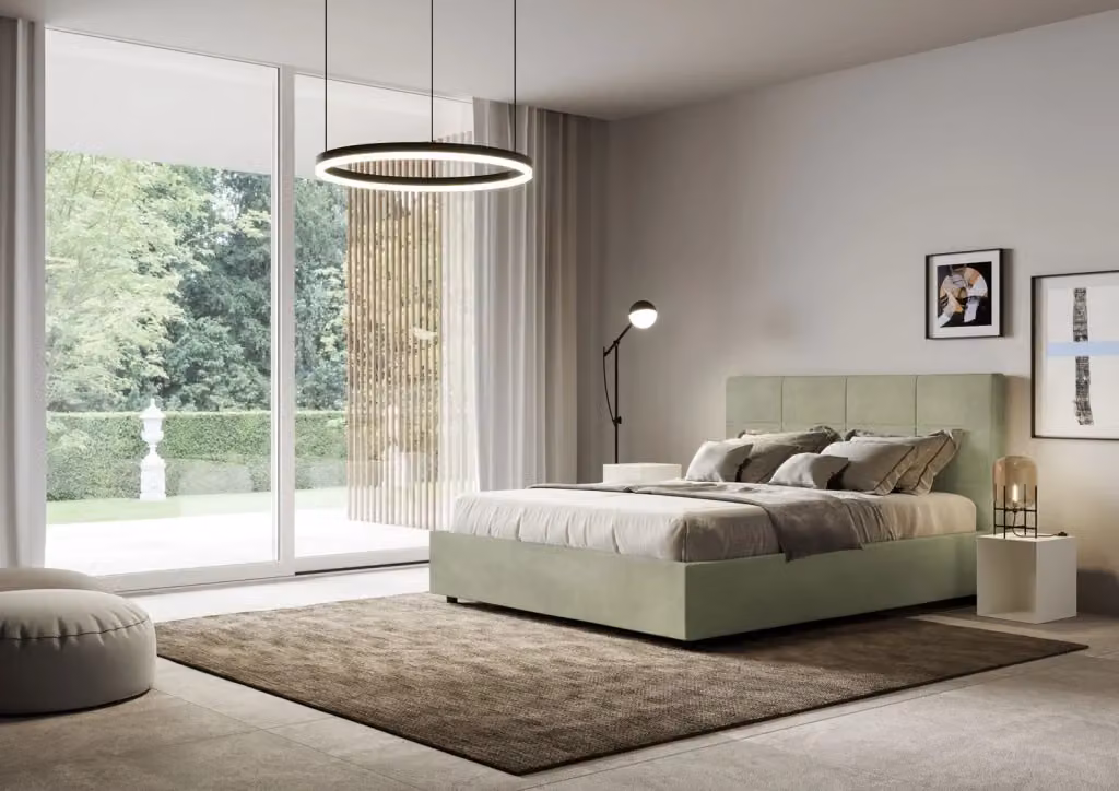 Letto matrimoniale contenitore BS COM imbottito in microfibra verde L: 160 cm, P: 200 cm, H: 122 cm – 2