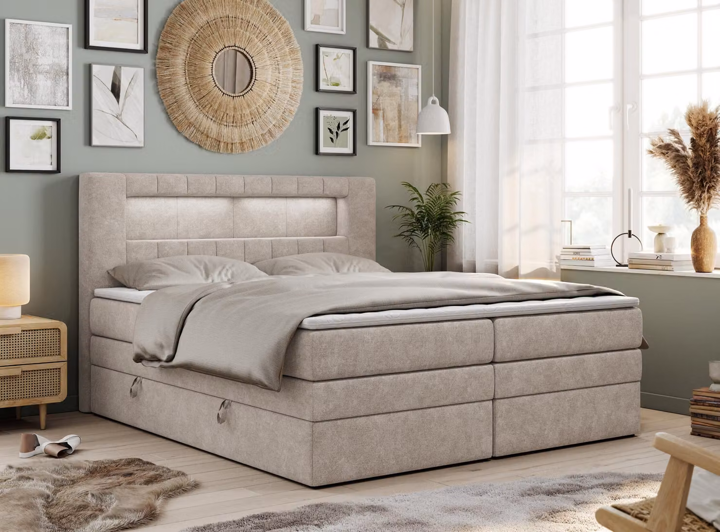Letto boxspring con testiera LED e topper - GOLD-5-KING - 160x200 cm - Beige - Rigido (H4)