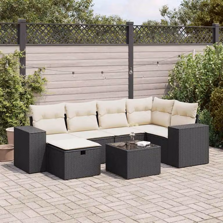 Set Divano da Giardino a L vidaXL in Polyrattan Nero con 7 Cuscini e Tavolino da Esterno