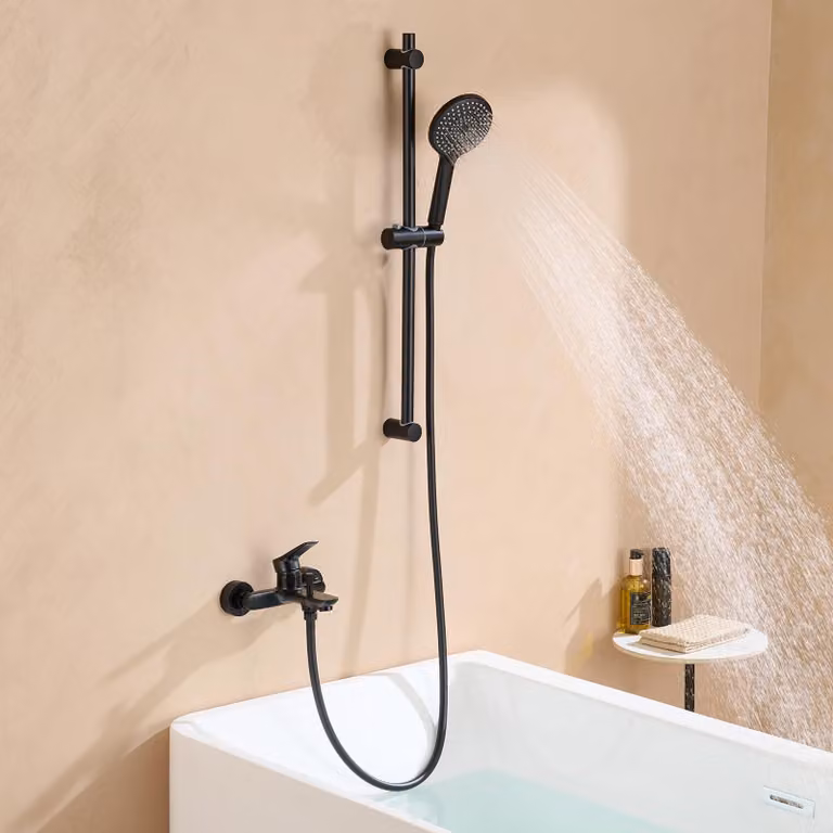 Miscelatore per doccia con soffione manuale, da montare a parete, 3 funzioni, colore nero, materiale: ottone