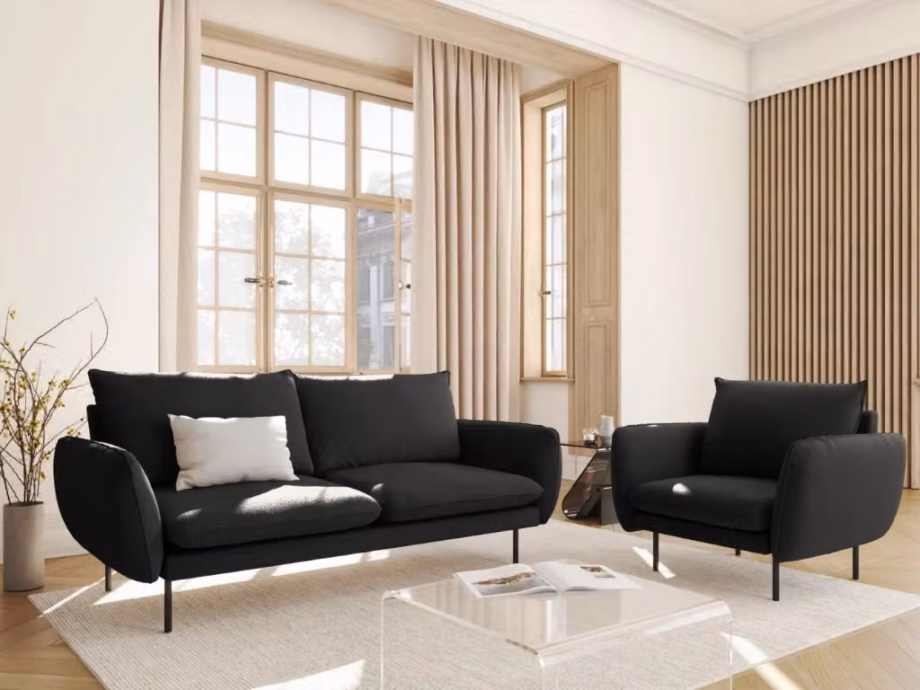 Divano 2 posti Vienna di Cosmopolitan Design in bouclé nero con struttura in metallo – 2