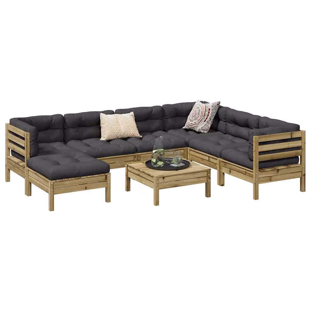 Set di Divani da Giardino vidaXL a Forma di L in Legno di Pino Trattato con 8 Pezzi e Cuscini Inclusi, Colore Antracite, Marrone e Grigio – 1