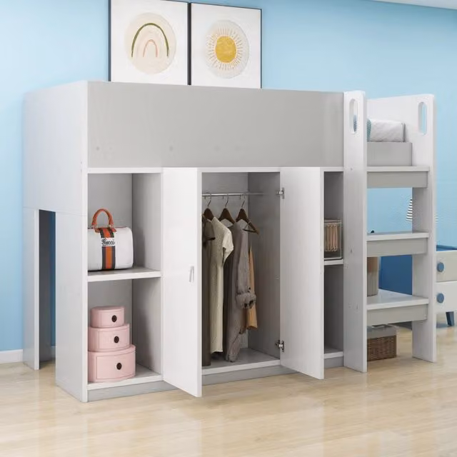 Letto a soppalco singolo MIVRAY grigio con armadio, ripiani, scala e rete a doghe, L/P/H: 200 x 90 x 175 cm