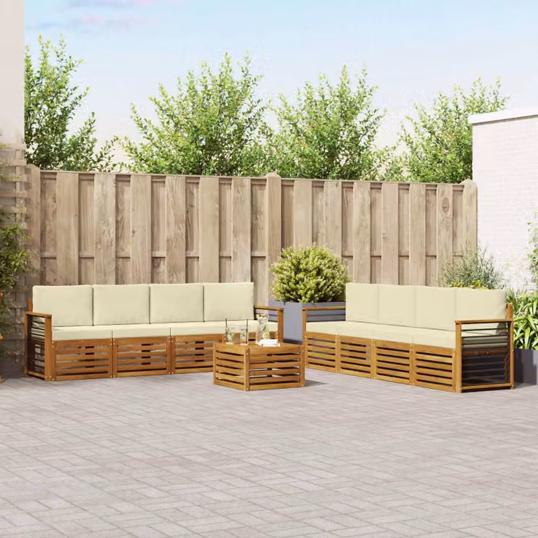 vidaXL Set di divani da esterno 9 pz in legno di acacia con cuscini, colore beige, bianco e marrone