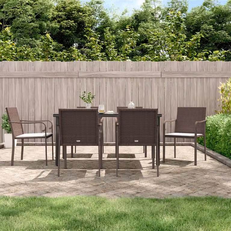 Set da pranzo da giardino vidaXL in polyrattan e acciaio con 7 pezzi e cuscini, tavolo rettangolare in vetro e sedie moderne disponibili in marrone, nero o bianco
