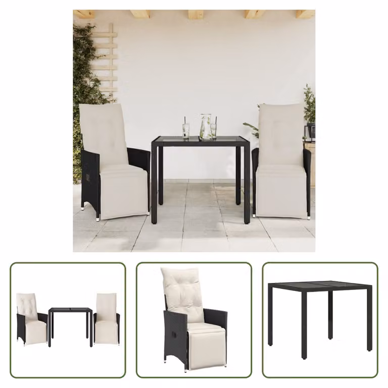 The Living Store Set bistrot 3 pezzi con cuscini in poly rattan nero