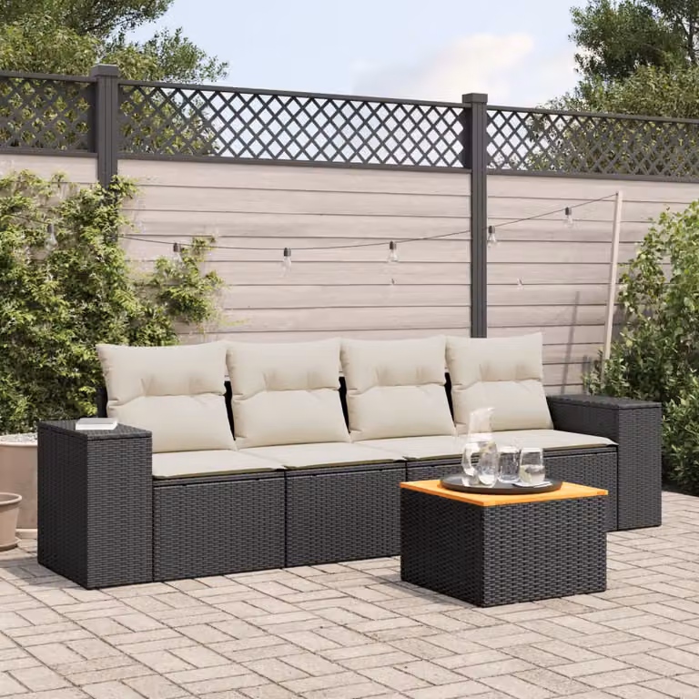 Set di divani da giardino vidaXL in 5 pezzi con cuscini in polyrattan nero e tavolo da caffè coordinato