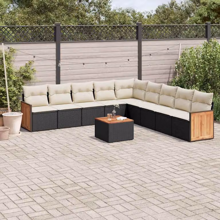 Set di divani da giardino vidaXL a forma di L composto da 10 pezzi con cuscini in polyrattan e tessuto resistente ai raggi UV colore nero e bianco