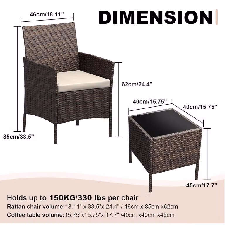 Set di mobili da giardino - Set lounge da 3 pezzi - Realizzato in rattan sintetico (PE) - 2 poltrone con cuscini - Tavolino in vetro - Adatto per terrazza, balcone e giardino - Colore: marrone beige