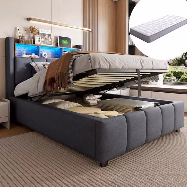 Letto imbottito singolo ¨C Minimal ¨C grigio 90x200 cm con led idraulico contenitore con materasso