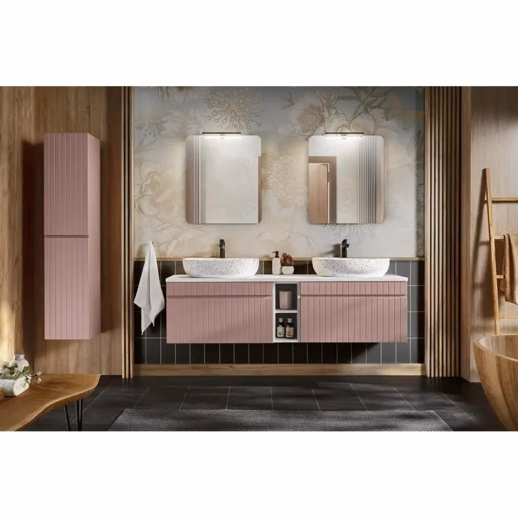 Set bagno Meublorama ICON con mobili sottolavabo, due lavabi da appoggio, specchi, lampade LED e colonna, multicolore (bianco, rosa) L: 180 cm – 2