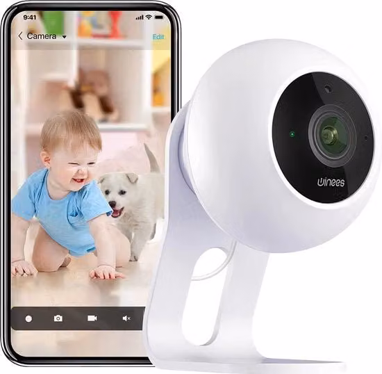Telecamera di sorveglianza Wi-Fi Winees con controllo tramite App, funzione Two-Way Talk e montaggio a parete, colore bianco