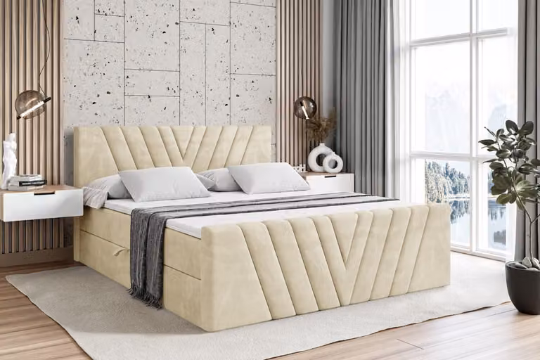 Letto boxspring ALTDECOR con pediera, materasso H3 e topper - 160x200 cm - ERNINA-Z - Velluto beige - Letto imbottito con contenitore e rete a doghe, letto con spazio contenitivo