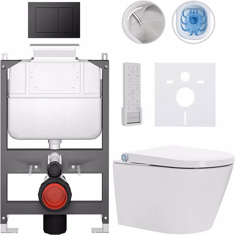 CERANO - WC sospeso con bidet Cronus Pro - bianco lucido - pulsante Prime/Maxio, nero - comando dall'alto - installazione a parete/cartongesso - 59,3 x 38,4 cm