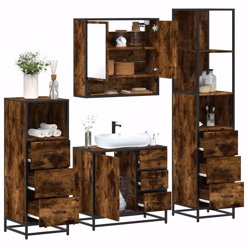 Set di mobili da bagno industrial vidaXL in legno e metallo marrone composto da armadietto con specchio, mobile lavabo, mobile laterale e colonna alta