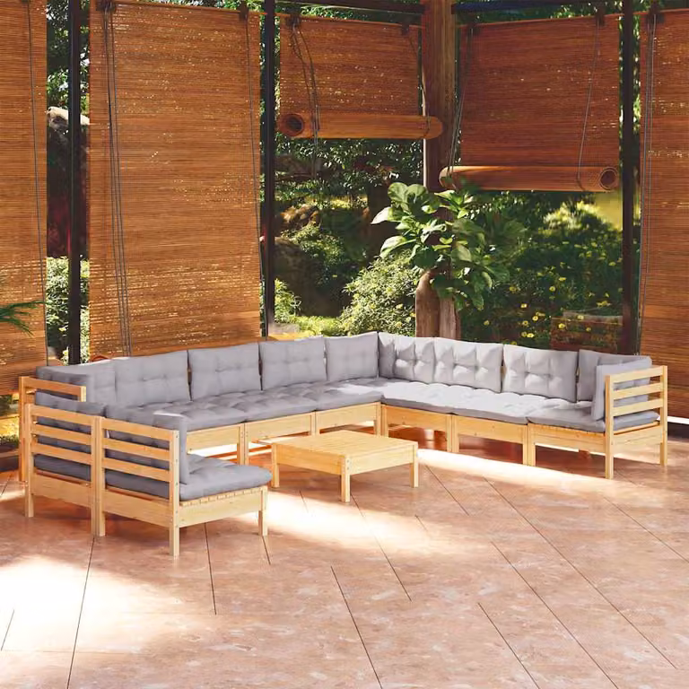 Set di divani da giardino vidaXL in legno massello di pino con cuscini grigi, composizione a L con elementi angolari e pouf, 11 pezzi