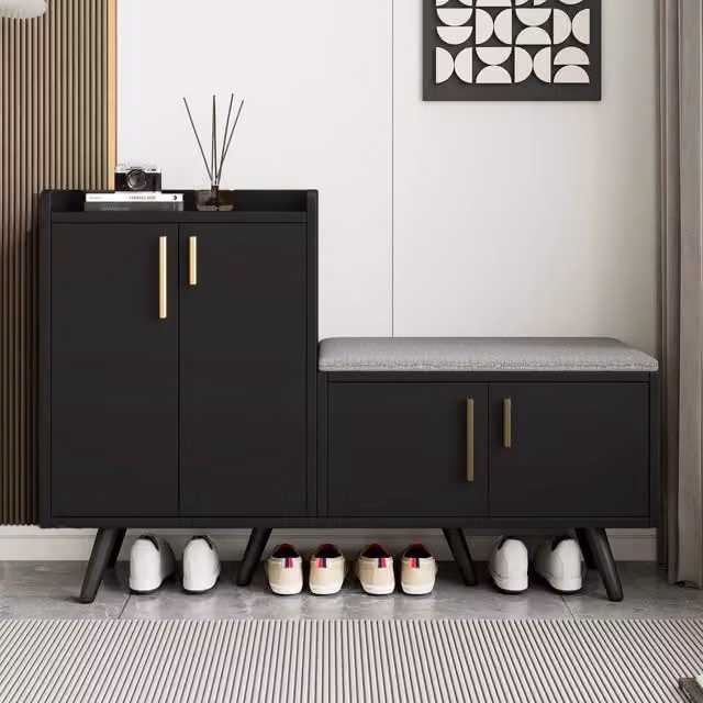 Scarpiera Mivray con seduta imbottita e ripiani interni in MDF, colore nero e noce scuro, L 120 x P 34 x H 82 cm – 1