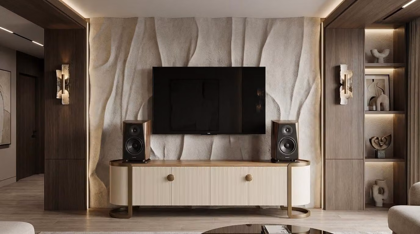Mobile TV beige elegante con spazio contenitore e dettagli dorati