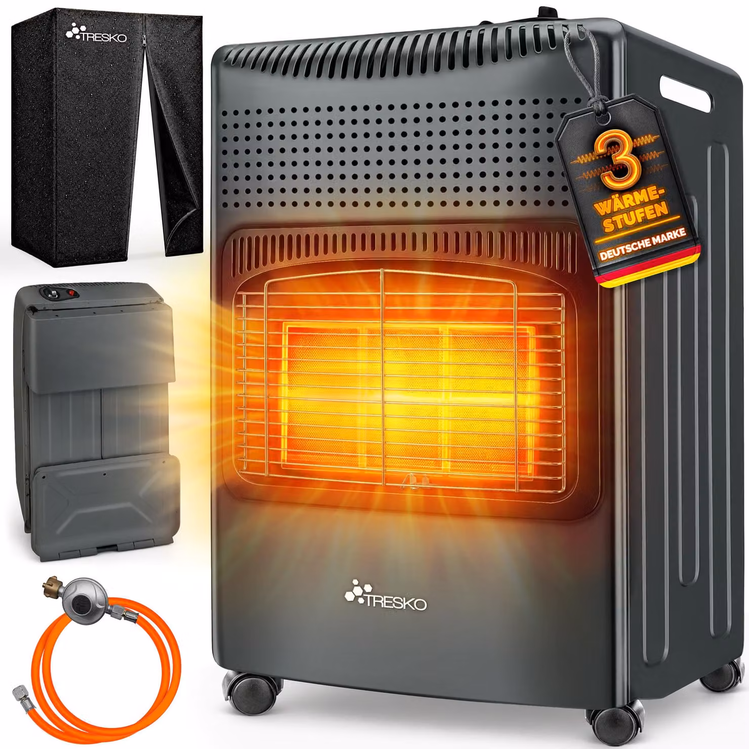 TRESKO® 4200 Watt riscaldatore a gas antracite incl. regolatore di pressione gas tubo flessibile gas + coperchio | stufa a gas riscaldatore a gas in Vetroceramica con 3 livelli | riscaldatore a gas a infrarossi riscaldatore radiante per bombole di gas but