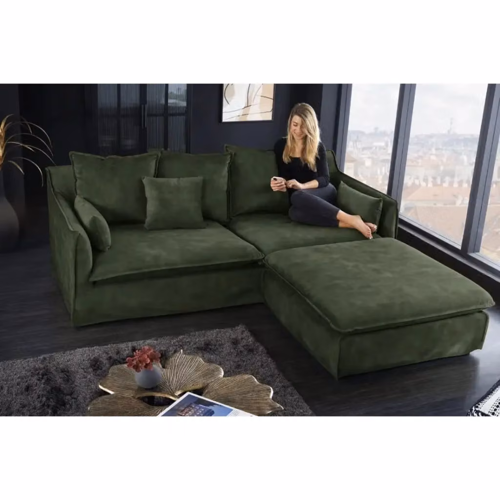 Divano ad angolo Meublorama KALIA in velluto verde, modello moderno con angolo reversibile e 4 posti, L/P/H: 205 x 142 x 80 cm – 2