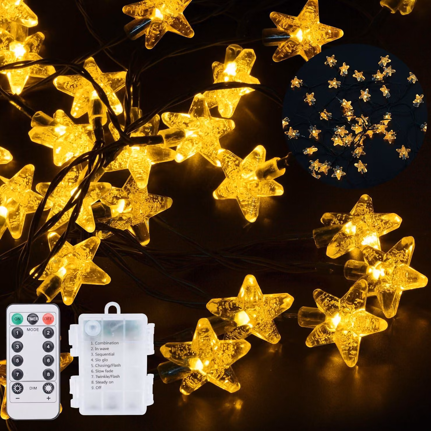 Catene luminose con decorazioni a forma di stella, 40 LED, 6 metri, luce bianco caldo, grado di protezione IP65, 8 modalità