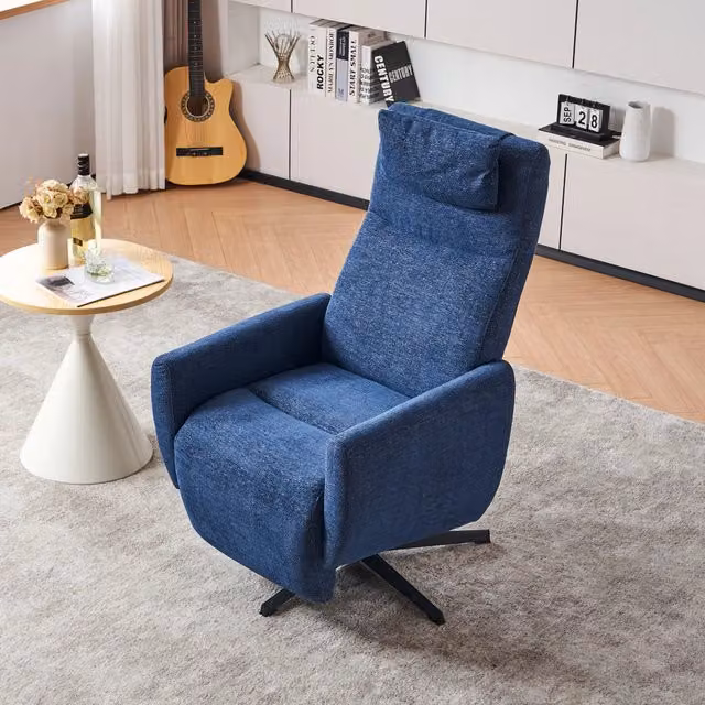 Fauteuil relax in chenille con schienale reclinabile, poggiapiedi e rotazione a 360°, braccioli imbottiti, blu
