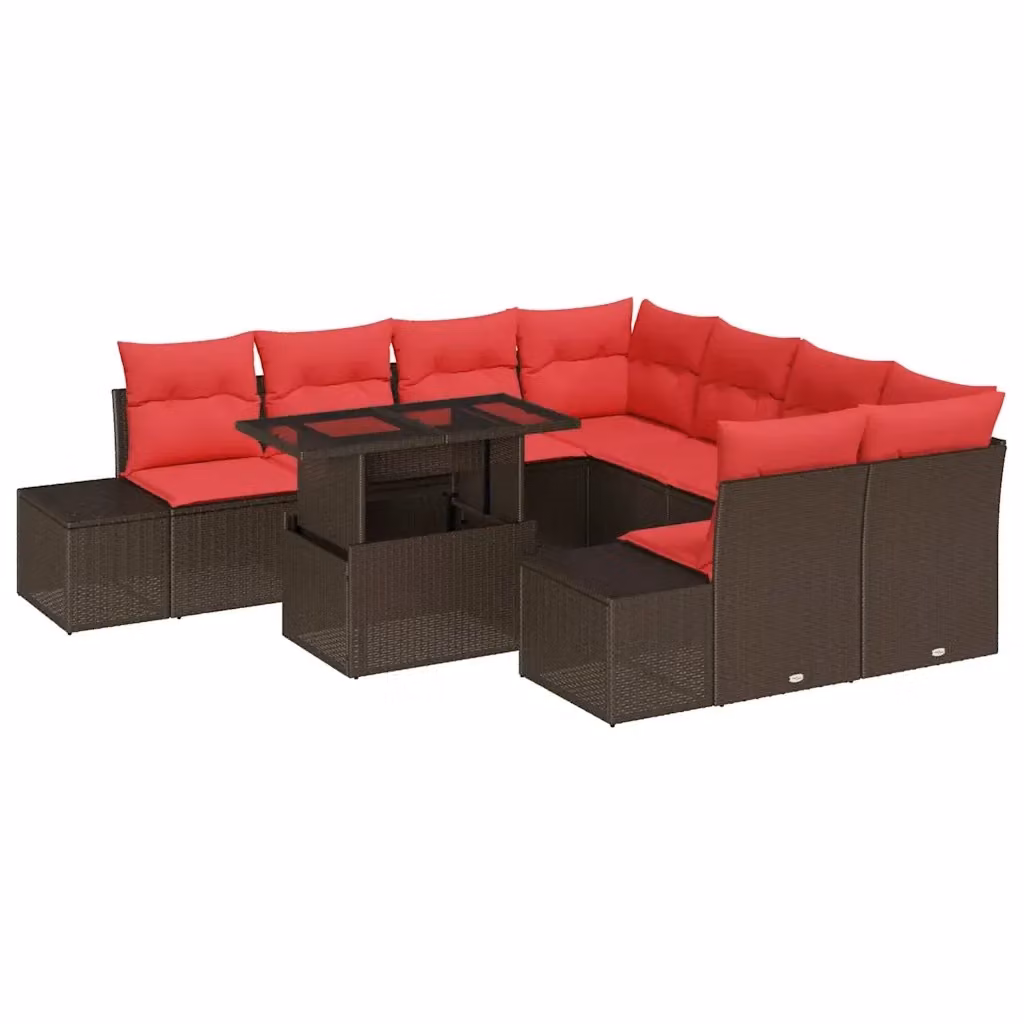 Set Divano da Giardino a Forma di U vidaXL in Polyrattan Marrone con Cuscini e Tavolino da Caffè – 2
