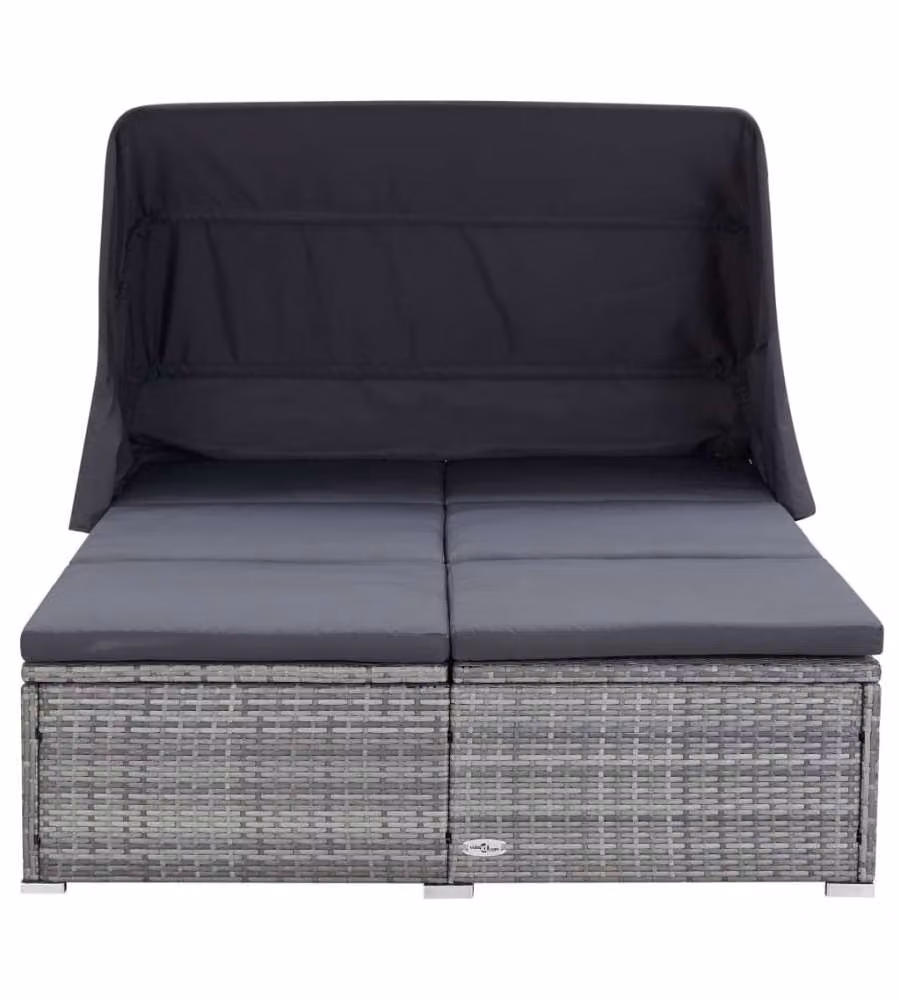 Lettino Prendisole a 2 Posti con Cuscino in Polyrattan Grigio