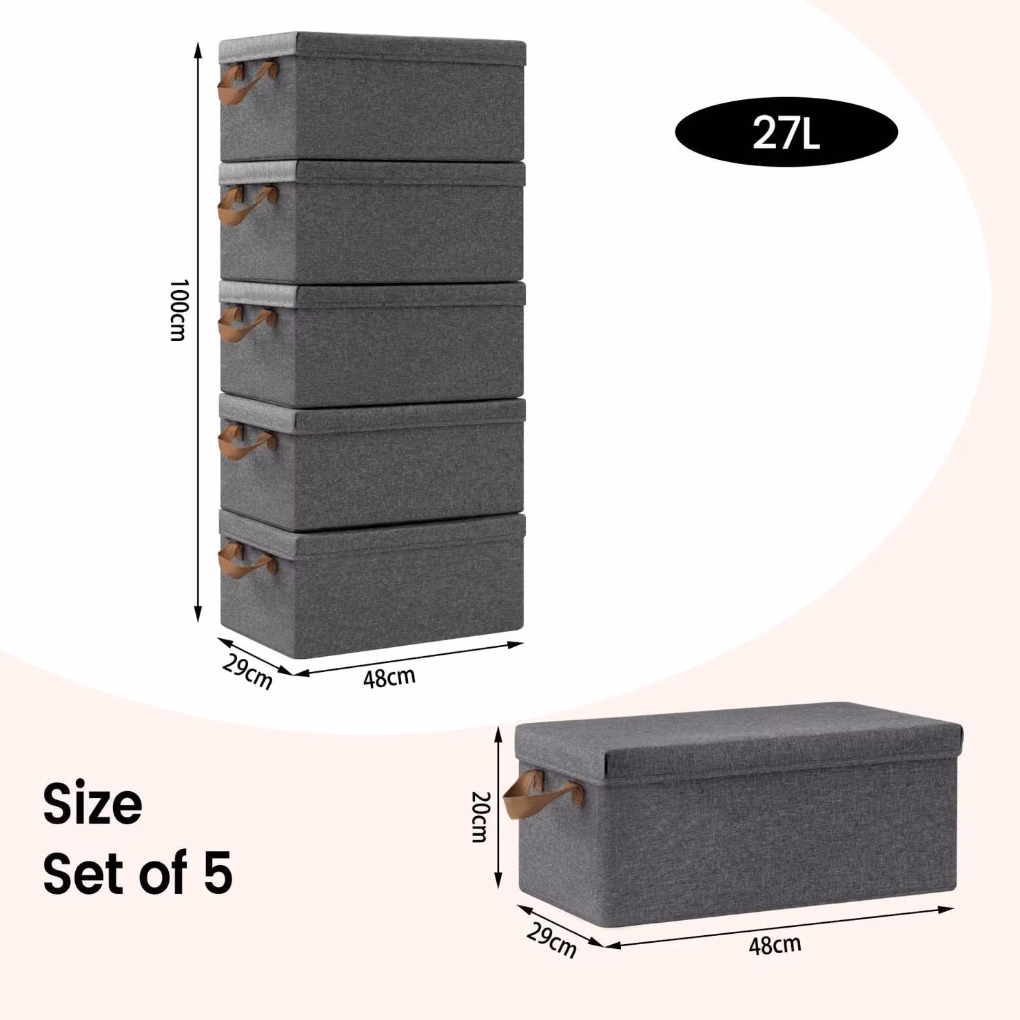 Contenitori per tessuti pieghevoli - Contenitori pieghevoli per l'organizzazione dei vestiti - 27 litri - Set da 5 - Con coperchio - Con maniglie - Realizzati in poliestere
