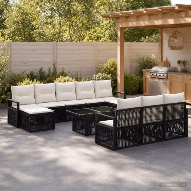 Set Divano da Giardino vidaXL 11 Pezzi in Polyrattan Nero e Bianco Crema con Cuscini e Tavolino – 1
