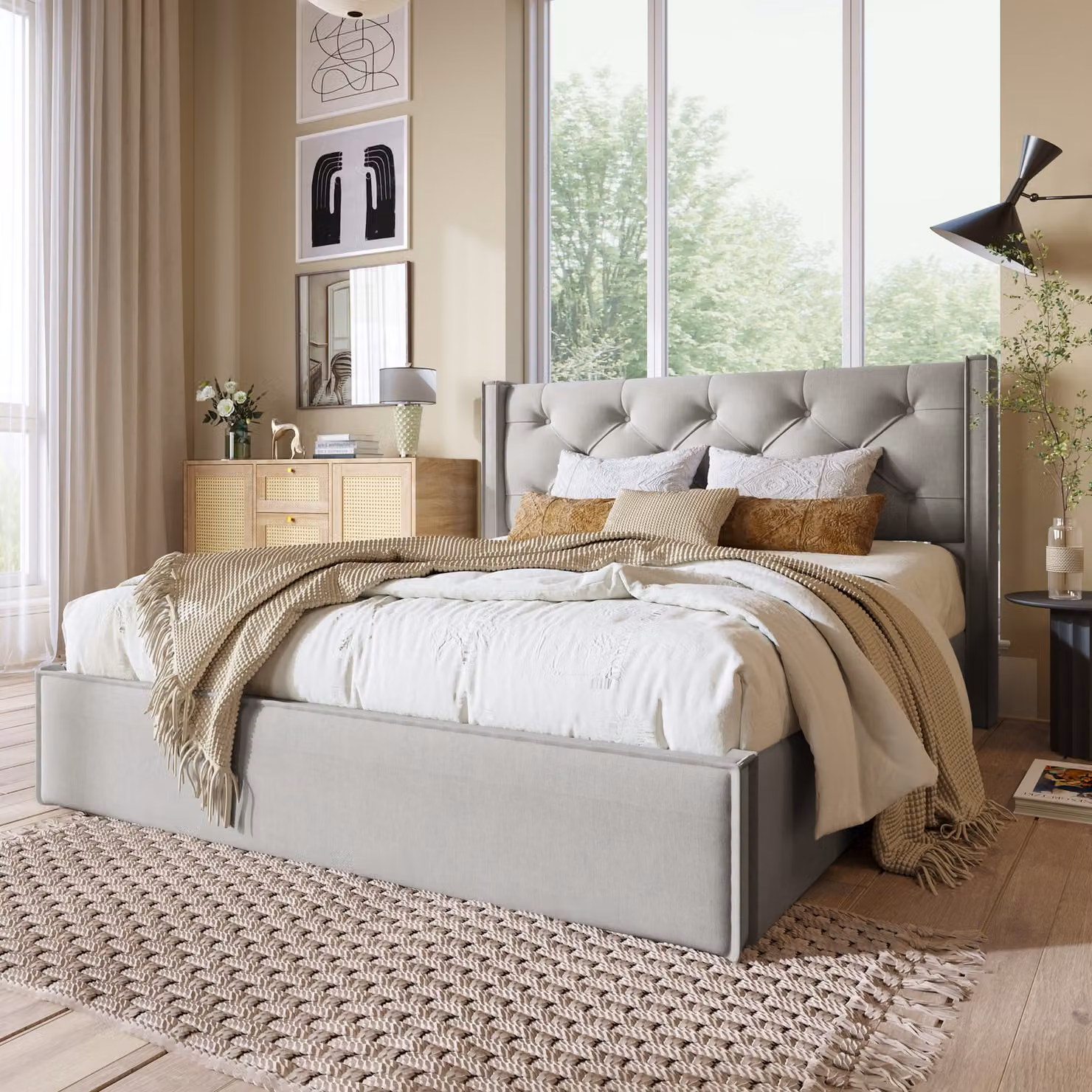 Letto a molle Sweiko Letto imbottito con testiera e rete a doghe, funzione contenitore letto 140x200cm, cotone, grigio chiaro (senza materasso)