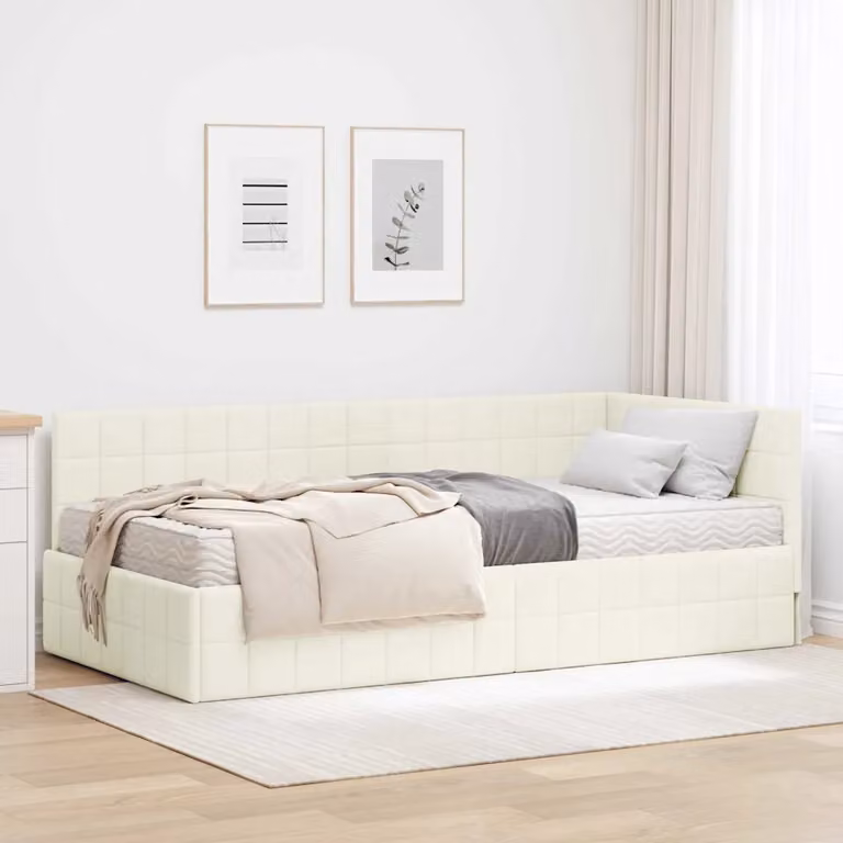 vidaXL Struttura Letto Angolare con 2 Materassi in Velluto Beige, L/P/H: 90 x 200 cm