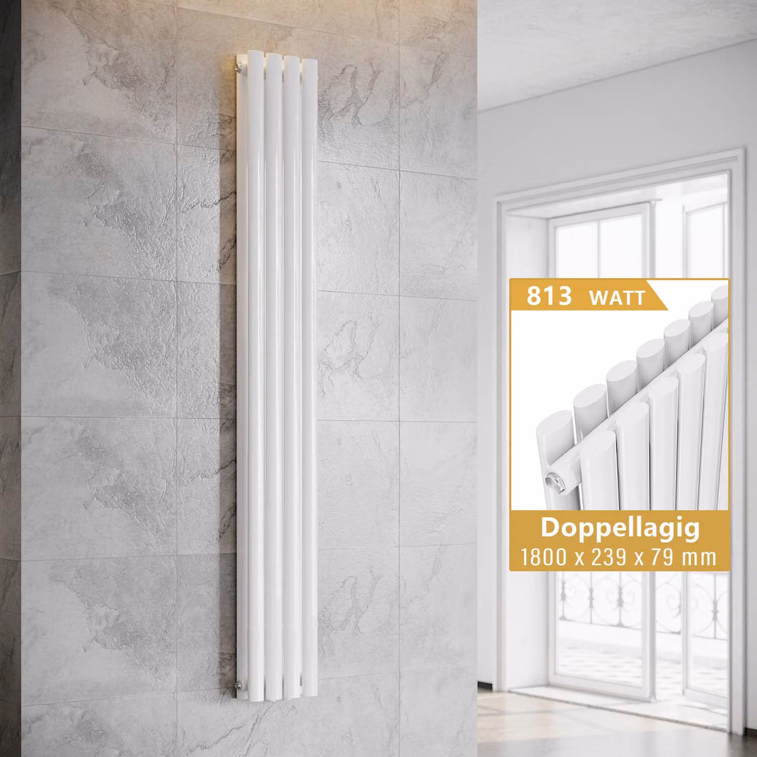 SONNI Radiatore a piastre verticali, radiatore a tubi a doppio strato, colore bianco, dimensioni 1800x239 mm, senza resistenza riscaldante