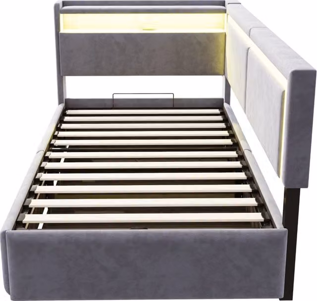 Letto contenitore singolo Chicfurn in velluto grigio chiaro con testiera portaoggetti, illuminazione LED e porta USB, L/P/H: 90 x 200 x 55 cm