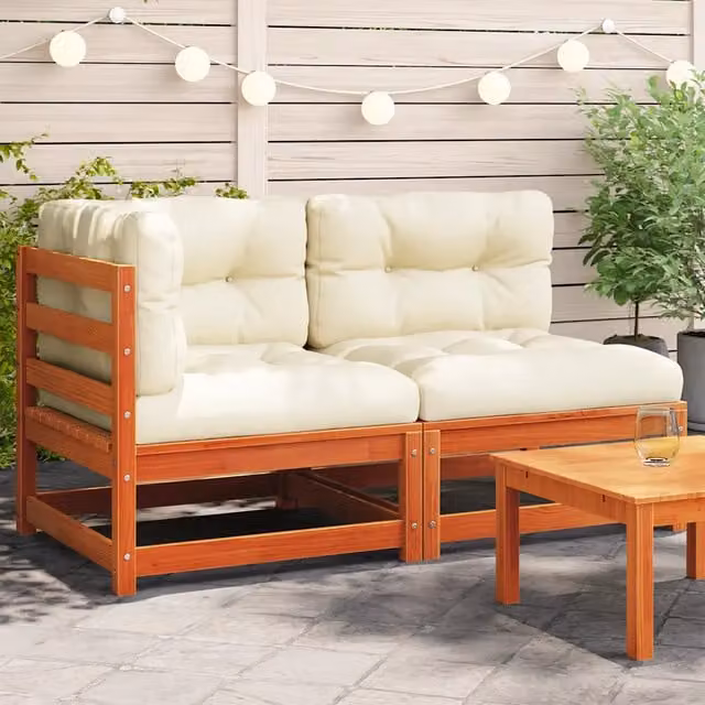 Divano da giardino a 2 posti vidaXL in legno di pino cerato marrone con cuscini beige L: 140 cm, P: 70 cm, H: 67 cm