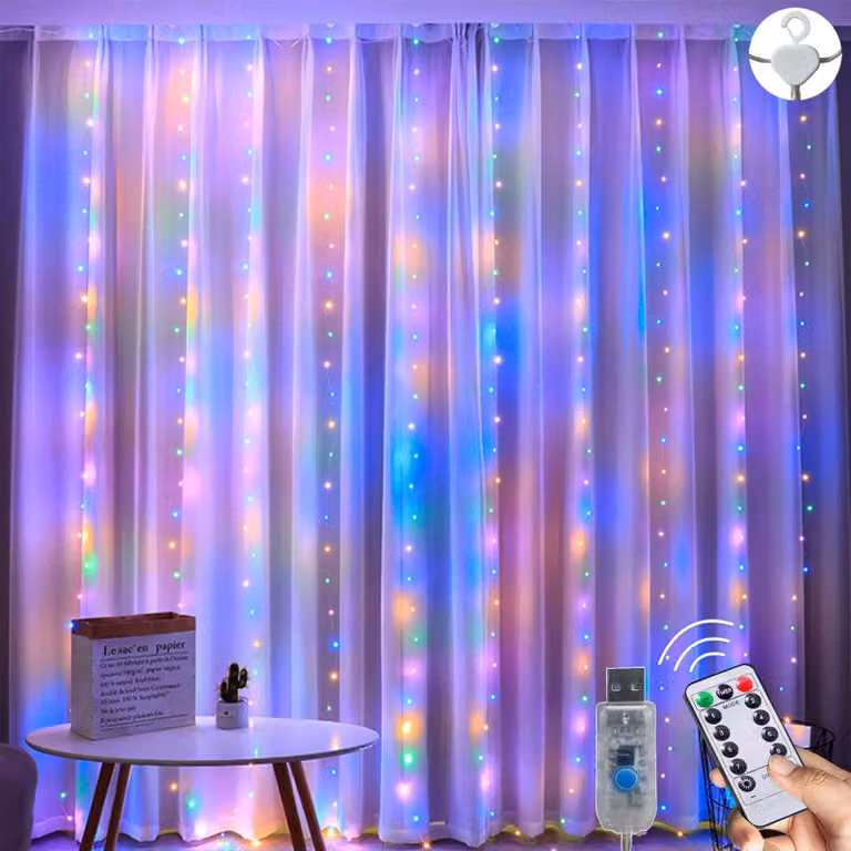 Tenda luminosa a LED, dimensioni 3x3 metri, 300 LED, grado di protezione IP65, 8 modalità, multicolore