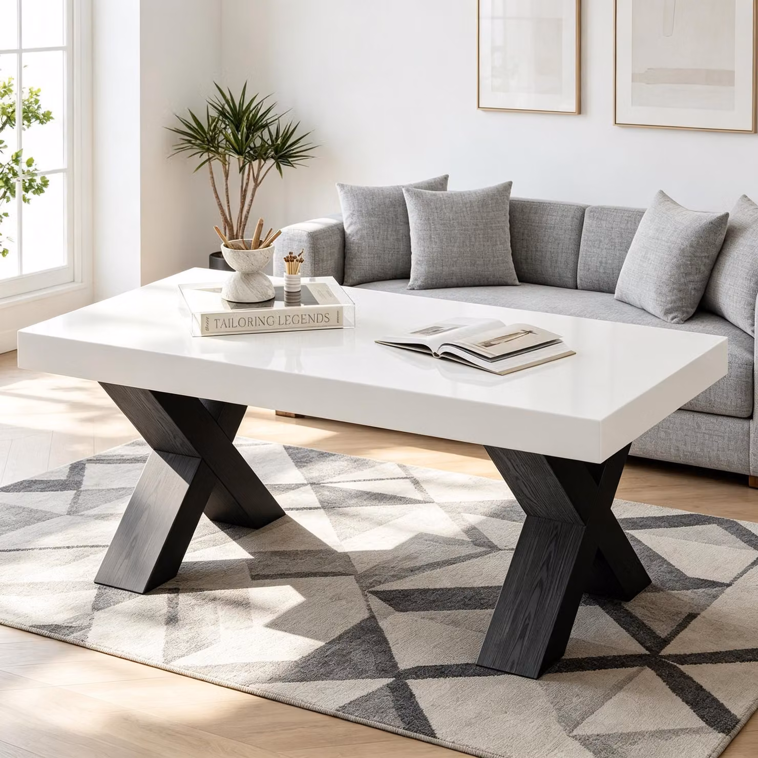 Tavolino Merax con gambe a forma di X, tavolino da caffè moderno con piano lucido, tavolino laterale per divano, ideale per il soggiorno, disponibile nei colori bianco e nero