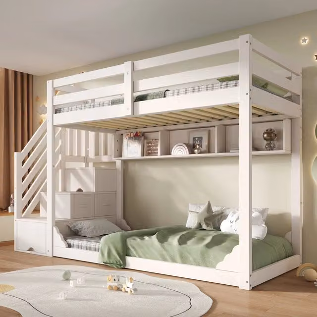 Letto a castello 90x200 cm con armadio a scala e vani portaoggetti in legno bianco
