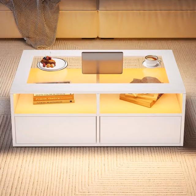 Tavolino da Salotto in Vetro Bianco 100x50x35 cm con Luci LED, 2 Cassetti e Spazio Aperto, Design a Doppio Strato