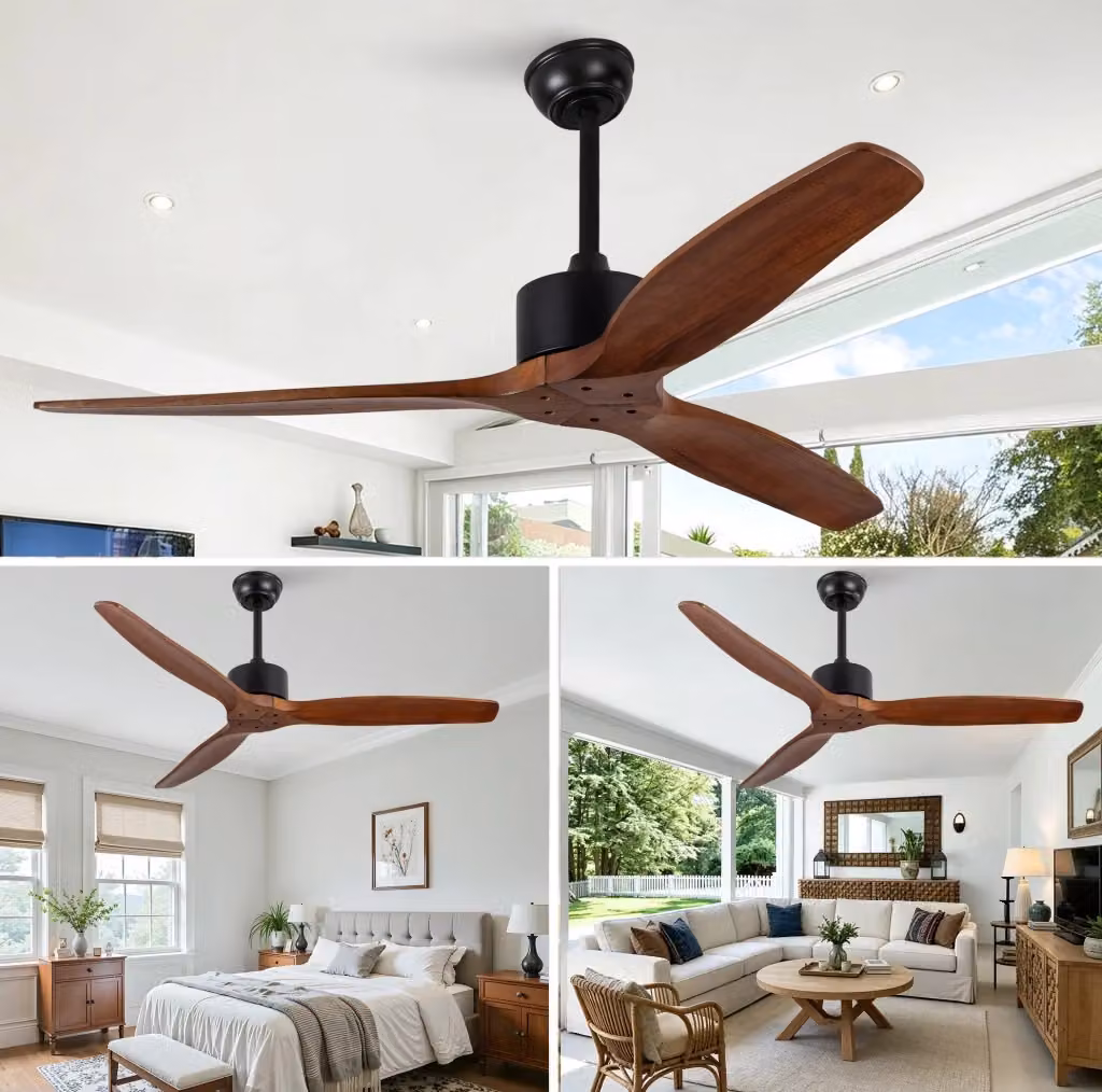 Ventilatore da soffitto MODFU con 3 pale in legno massello, telecomando e timer, colore noce e nero – 2