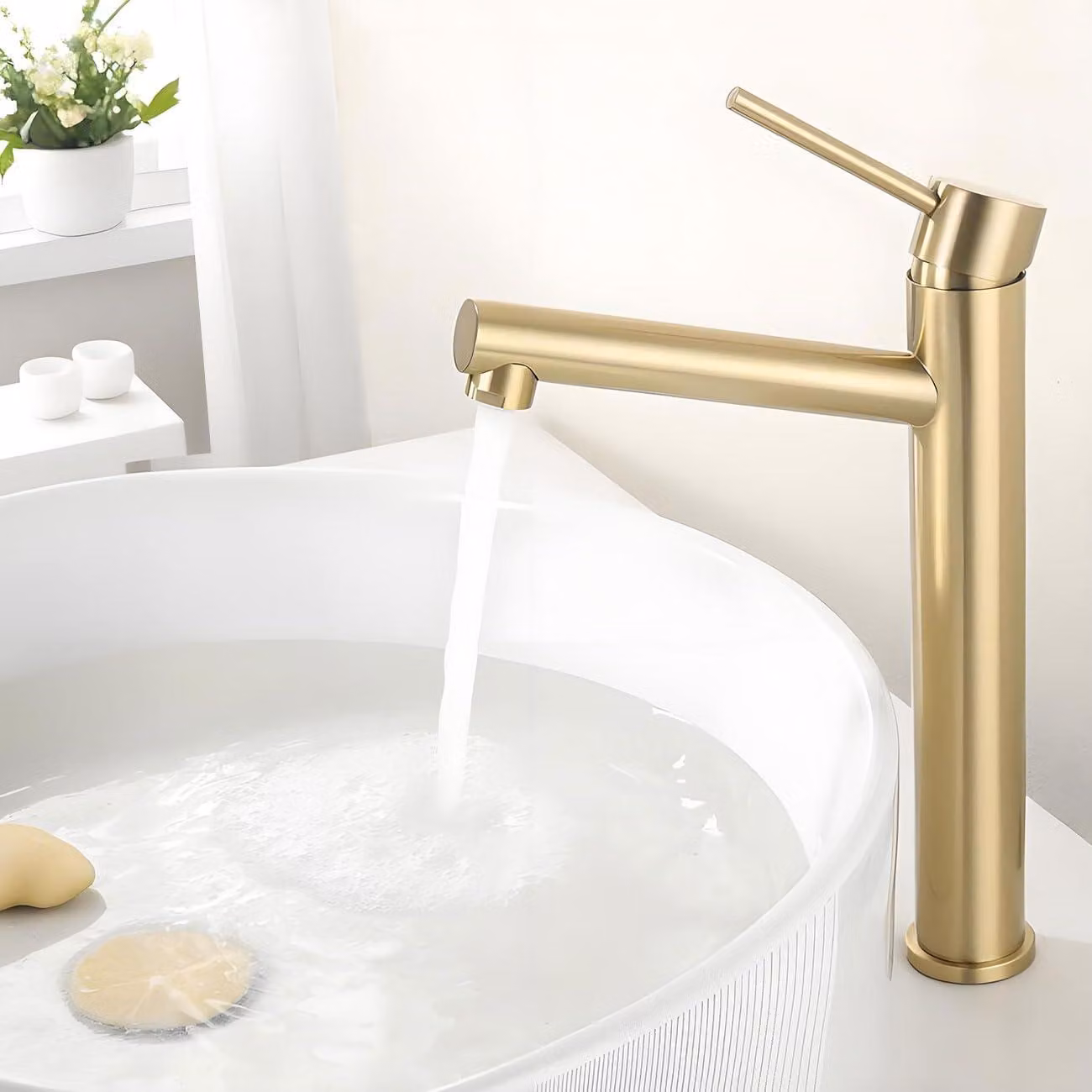 Rubinetto per lavabo, alto, dorato, adatto per lavabi da appoggio, miscelatore per bagno