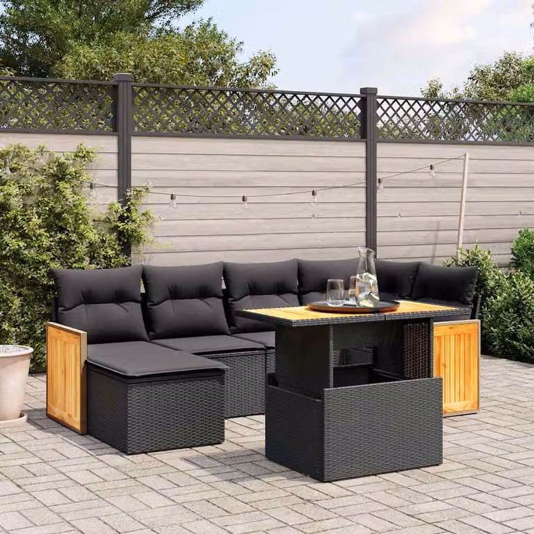 vidaXL Set Divani da Giardino Moderno in Polyrattan Nero con 7 Cuscini e Tavolino da Esterno