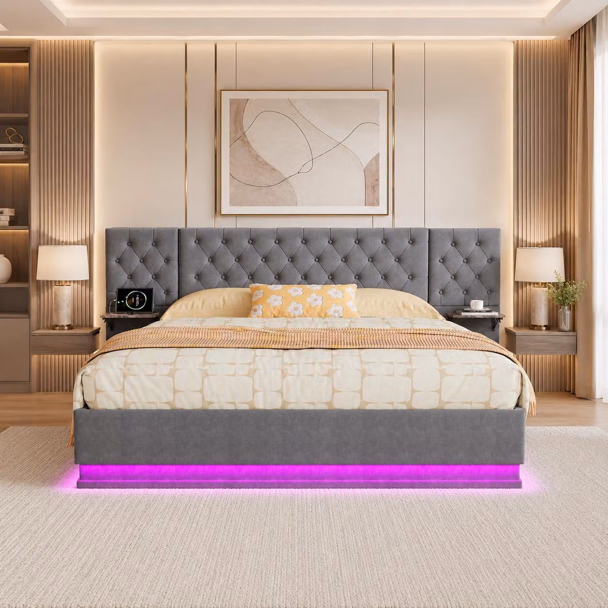 Letto imbottito INONEFT 140x200 con LED e USB, letto singolo con sistema di sollevamento idraulico, ampia testiera e rete a doghe, colore grigio lino