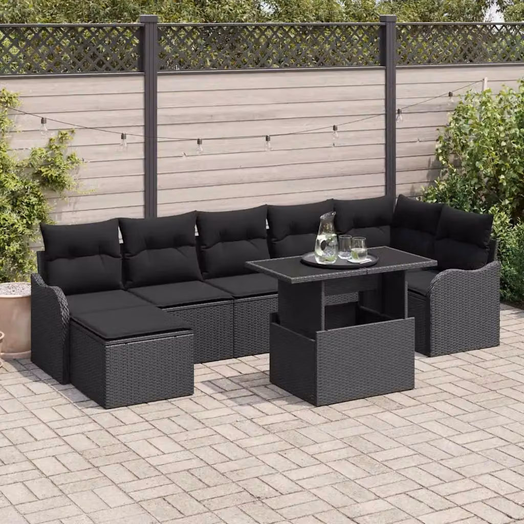 Set Divano da Giardino vidaXL 8 Pezzi Nero con Cuscini e Tavolino in Rattan e Metallo – 1
